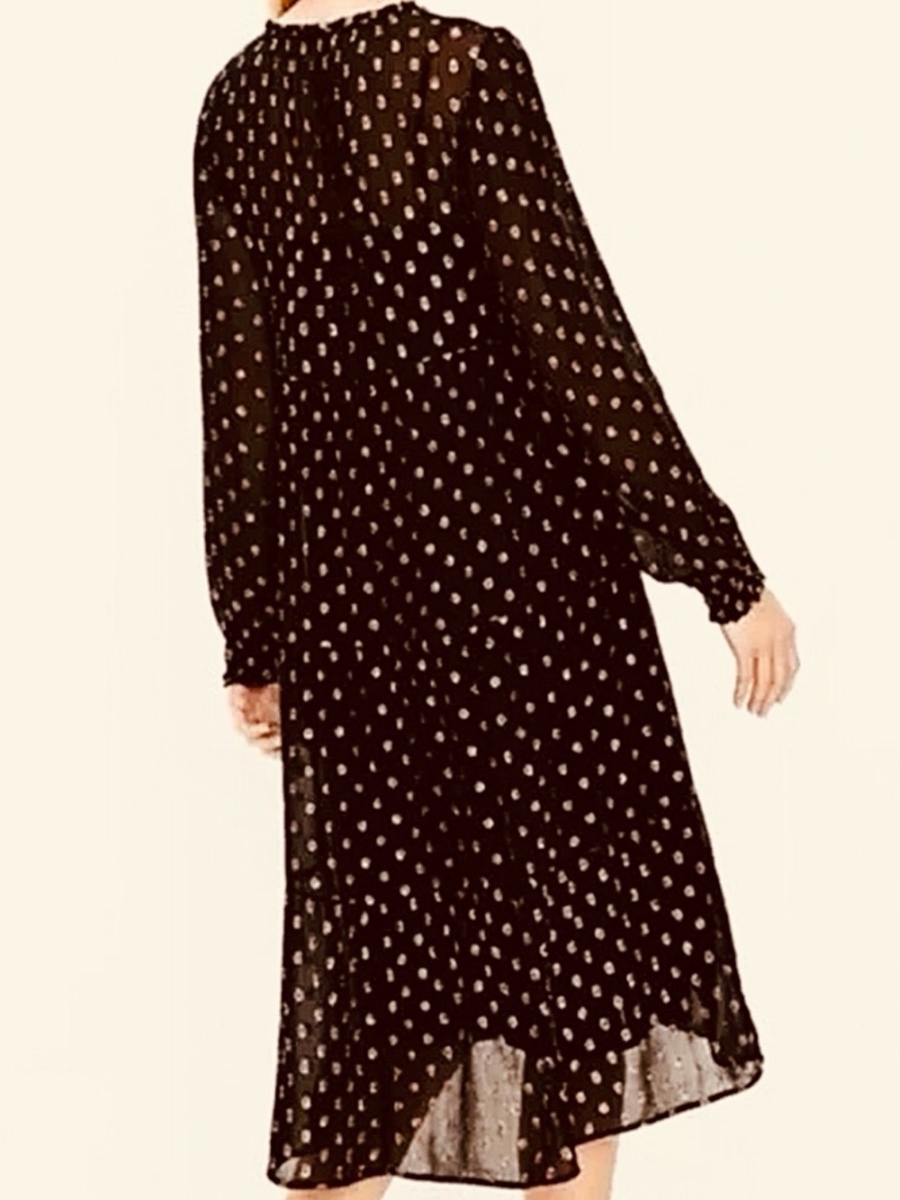 LOFT Black Sheer Long Sleeve Midi Tiered Babydoll Dress w/ metallic Gold tinsel - Picture 4 of 9